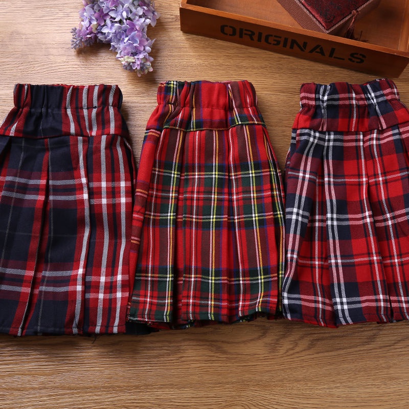 กระโปรงพลีทสั้น ลายตารางหมากรุก สีแดง สไตล์เกาหลี สําหรับเด็กผู้หญิง นักเรียน