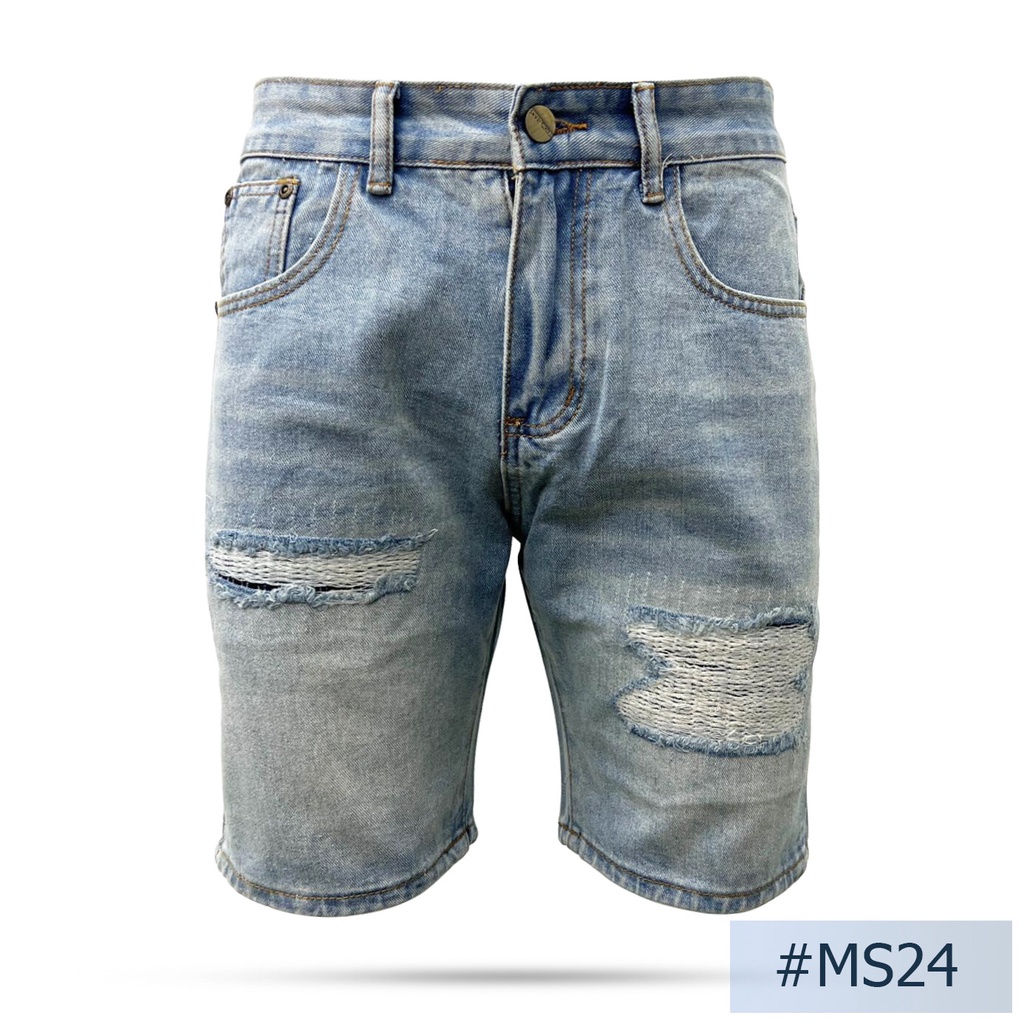 นิยมยีนส์ Niyom jeans รุ่น MS24 กางเกงยีนส์ขาสั้นชาย  สียีนส์อ่อน แต่งปะซ้าย-ขวา ผ้าไม่ยืด