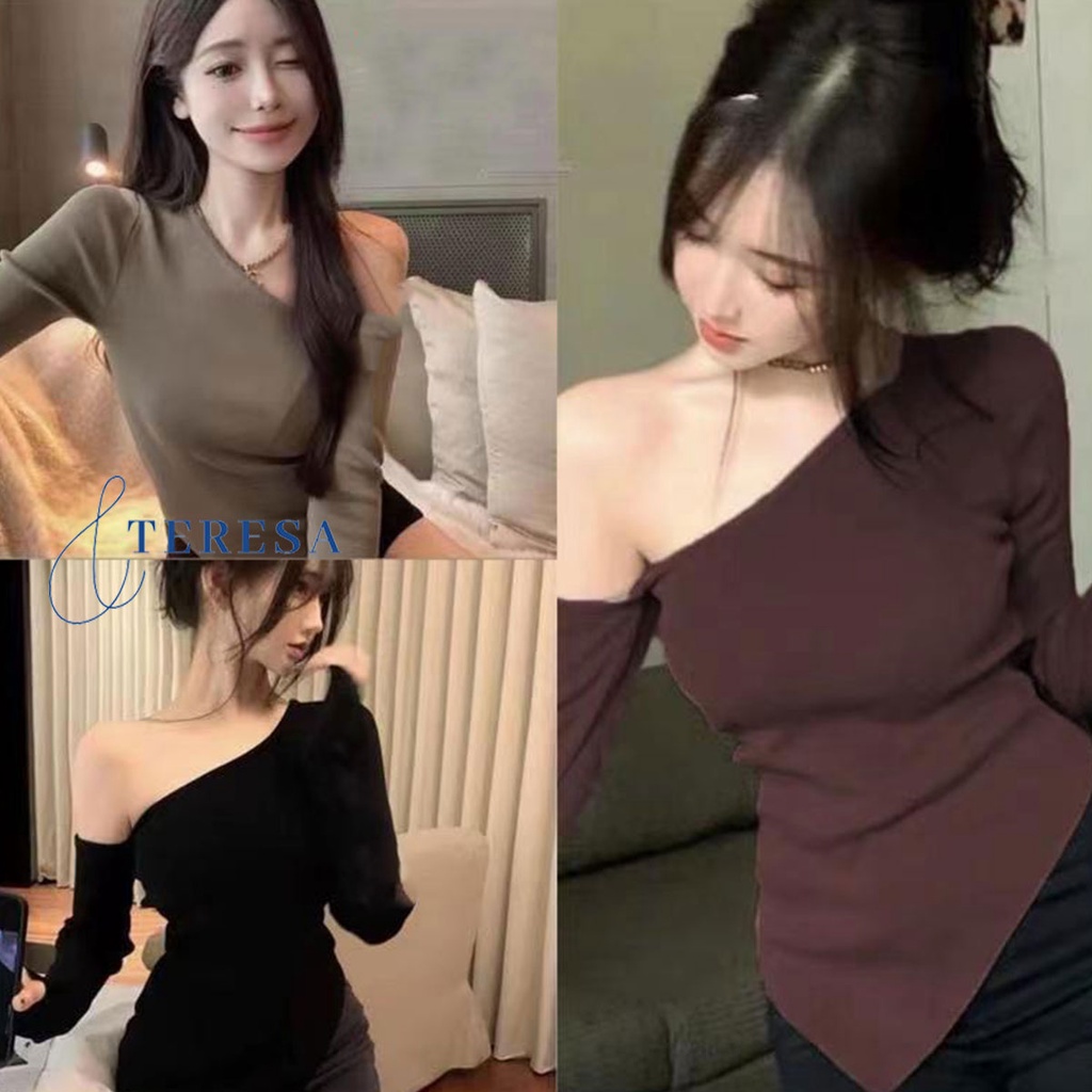 เสื้อครอปเเขนยาวปาดไหล่สีพื้น ทรงไม่สมมาตร แฟชั่นฤดูใบไม้ร่วง