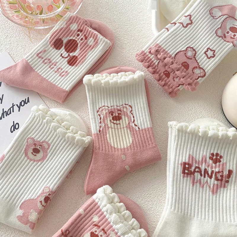 Roselife ถุงเท้า ผ้าฝ้าย ลายการ์ตูนหมีสตรอเบอร์รี่ สีขาว สีชมพู สําหรับผู้หญิง วัยรุ่น