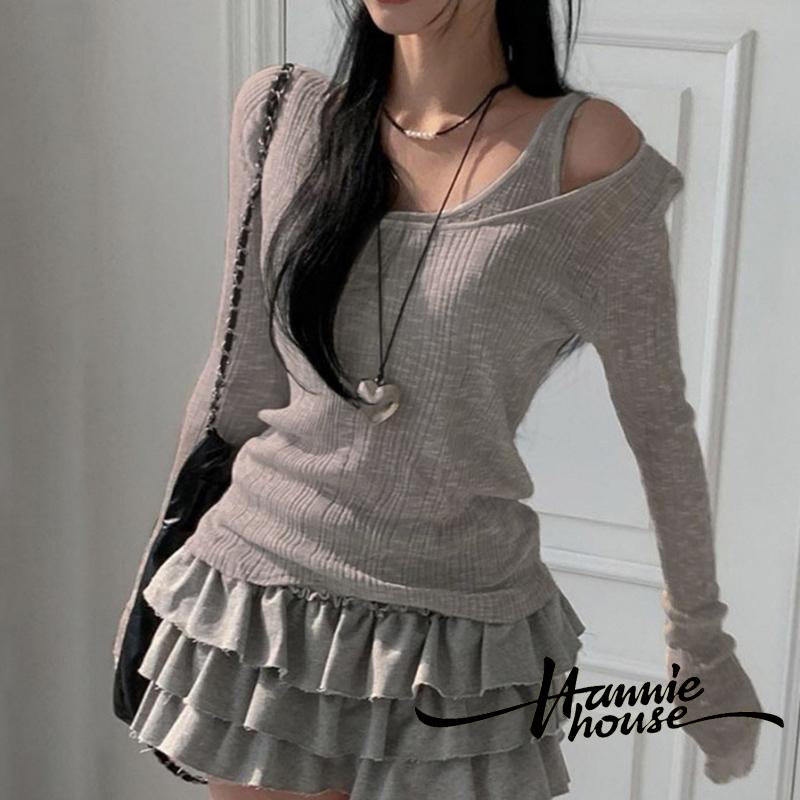 Hannie- เสื้อแขนยาว ผ้าถัก สีเทา ทรงอสมมาตร สองชิ้น สําหรับผู้หญิง