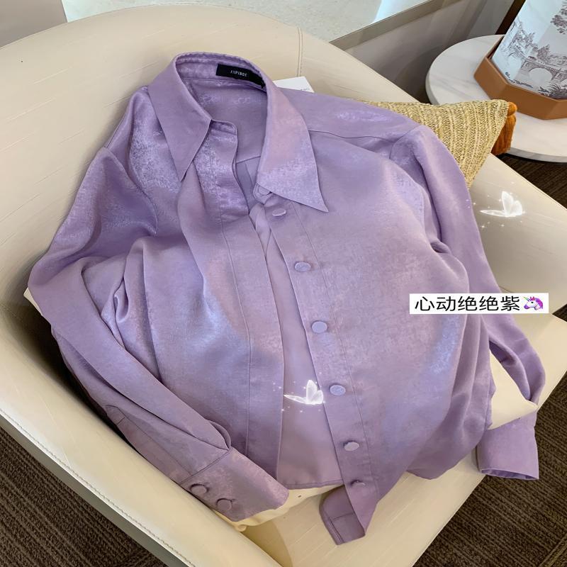 ใหม่ เสื้อเชิ้ต ผ้าซาติน สีม่วง สไตล์ฝรั่งเศส หรูหรา สําหรับผู้หญิง