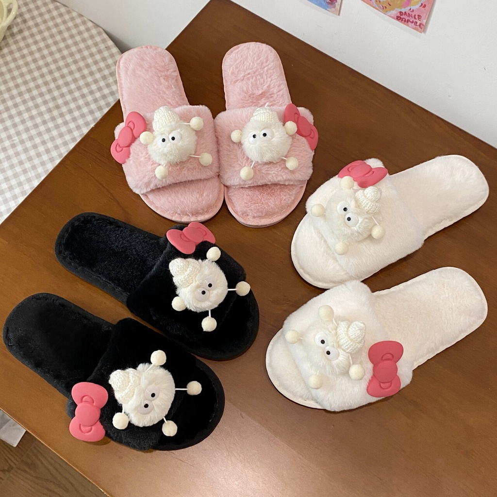 🎀สินค้าใหม่🎀(SH-1-23) รองเท้าสลิปเปอร์ รองเท้าแตะใส่ในบ้าน ผ้าขนนุ่มใส่สบาย แต่งตุ๊กตาโบว์ชมพูน่าร