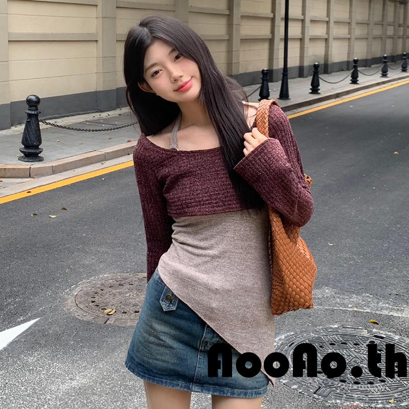 Aooao-เสื้อกล้ามสีทึบสําหรับผู้หญิง Tie-Up Halter คอเสื้อแขนกุดเปลือยพร้อมเสื้อครอปแขนยาว