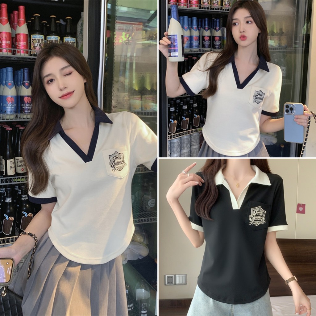 Luna Shop พร้อมส่ง เสื้อยืดผู้หญิงแขนสั้นคอวีสองสีย้อนยุคสไตล์อเมริกัน เสื้อแขนสั้นลำลองเรียบง่าย