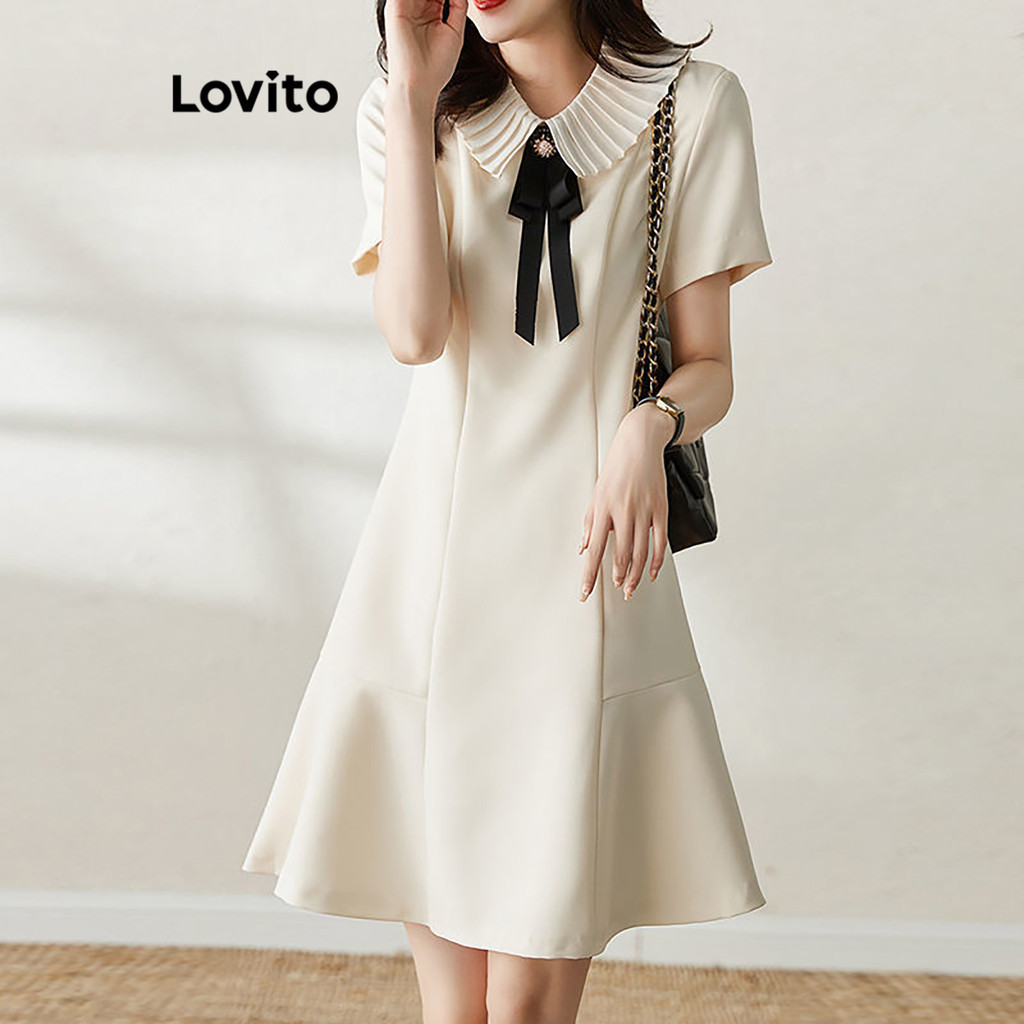 Lovito เดรสผู้หญิง แต่งโบว์ สีพื้น สไตล์ลำลอง LNE70206