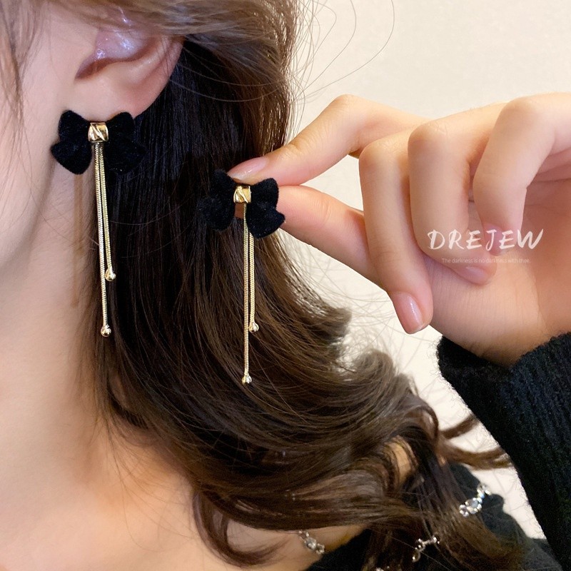 Dreejew เข็มเงิน Hepburn สไตล์ Flocking โบว์พู่ต่างหู Retro Classy ต่างหูสไตล์ใหม่ต่างหูเฉพาะ