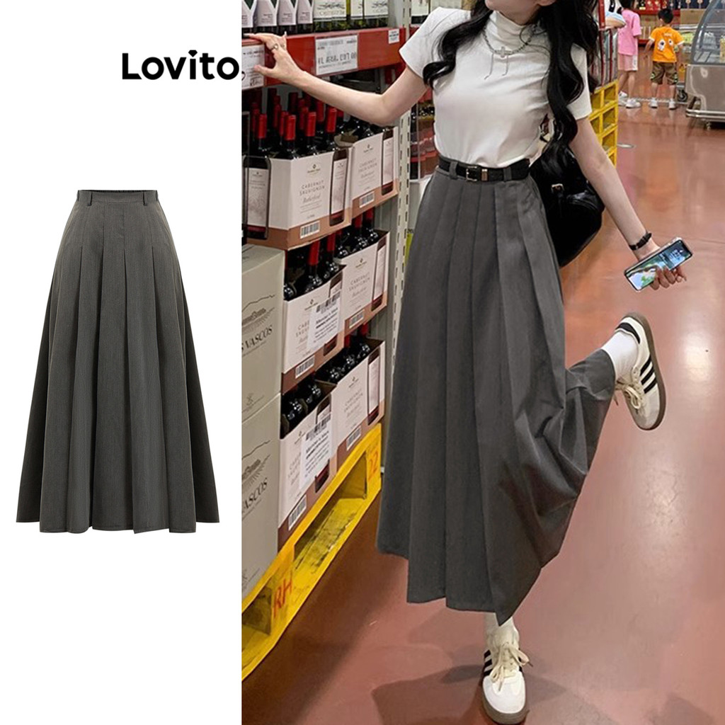 Lovito กระโปรงพลีท ลําลอง แบบเรียบ สําหรับผู้หญิง LBA82226