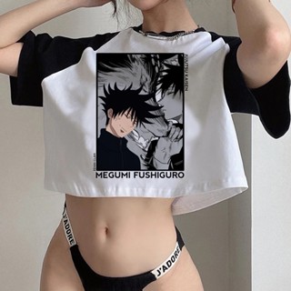 Jujutsu Kaisen เสื้อครอปท็อป เอวลอย ลายกราฟฟิคไซเบอร์ y2k 90s 2000s แฟชั่นเกาหลี สําหรับผู้หญิง