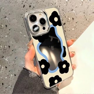 Case เคส for iPhone 11 13 15 16 14 12 17 Pro Max เคสไอโฟน11 16Pro ขอบดอกไม้สีขาวดำนม กรณีโทรศัพท์มือถือชุบกระจก