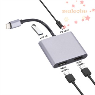 Malcolm อะแดปเตอร์ขยายหน้าจอ Type-C เป็น Dual HDMI ฮับ USB C Type-C เป็น Dual HDMI 4K 60Hz 2 in 1 4 in 1 สําหรับแล็ปท็อป โทรศัพท์ PC