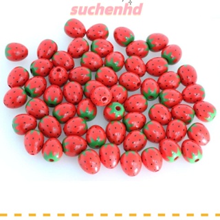 Suchenhd ลูกปัดไม้ ทรงกลม ลายสตรอเบอร์รี่ สีแดง สําหรับตกแต่งบ้าน ปาร์ตี้ 50 ชิ้น