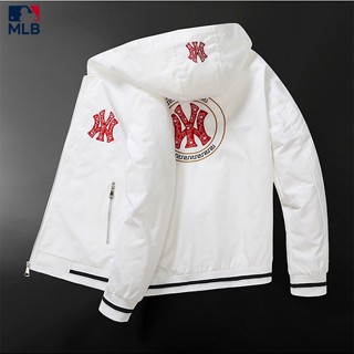 Mlb100% ของแท้ Yankees เสื้อแจ็กเก็ต มีฮู้ด ปักลายโลโก้ สําหรับผู้ชาย เหมาะกับการขี่จักรยาน เล่นกีฬา