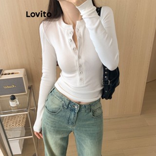 Lovito เสื้อยืดลําลอง แขนยาว ติดกระดุมหน้า เรียบง่าย สําหรับผู้หญิง LNE24138 (สีขาว)