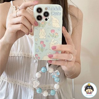 เคสโทรศัพท์มือถือ TPU นิ่ม กันฝุ่น กันตก ลายการ์ตูนกระต่าย ดอกทิวลิปน่ารัก พร้อมสายคล้องมือ สําหรับ IPhone 11 12 13 14 Pro Max