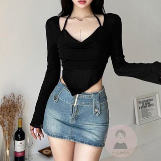 Dre- เสื้อยืดแขนยาว ผ้าเช็ดหน้า คอต่ํา สีพื้น สําหรับผู้หญิง