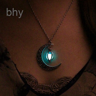 Bhy021 เครื่องประดับ สร้อยคอชุบเงิน จี้รูปดวงจันทร์ สีเขียวขุ่น