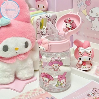 Xo94ol ขวดน้ําพลาสติก ลายการ์ตูนอนิเมะ Cinnamoroll Sanrio Kuromi Melody พร้อมหลอดดูด