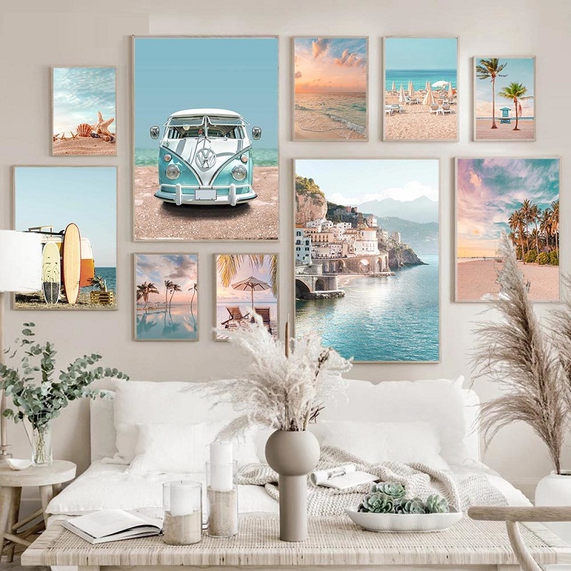 (พร้อมกรอบ) โปสเตอร์ภาพวาดทิวทัศน์ชายหาด เซิร์ฟบอร์ด รูปปลาดาว สไตล์นอร์ดิก สําหรับตกแต่งผนังบ้าน ห้องนั่งเล่น