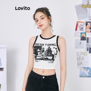 Lovito เสื้อกล้าม ลายตัวอักษร คัลเลอรบล็อค คอนทราสท์ไบดิ้ง สไตล์เพร็พพี่ สำหรับผู้หญิง L59ED029 (สีดำ และสีขาว)