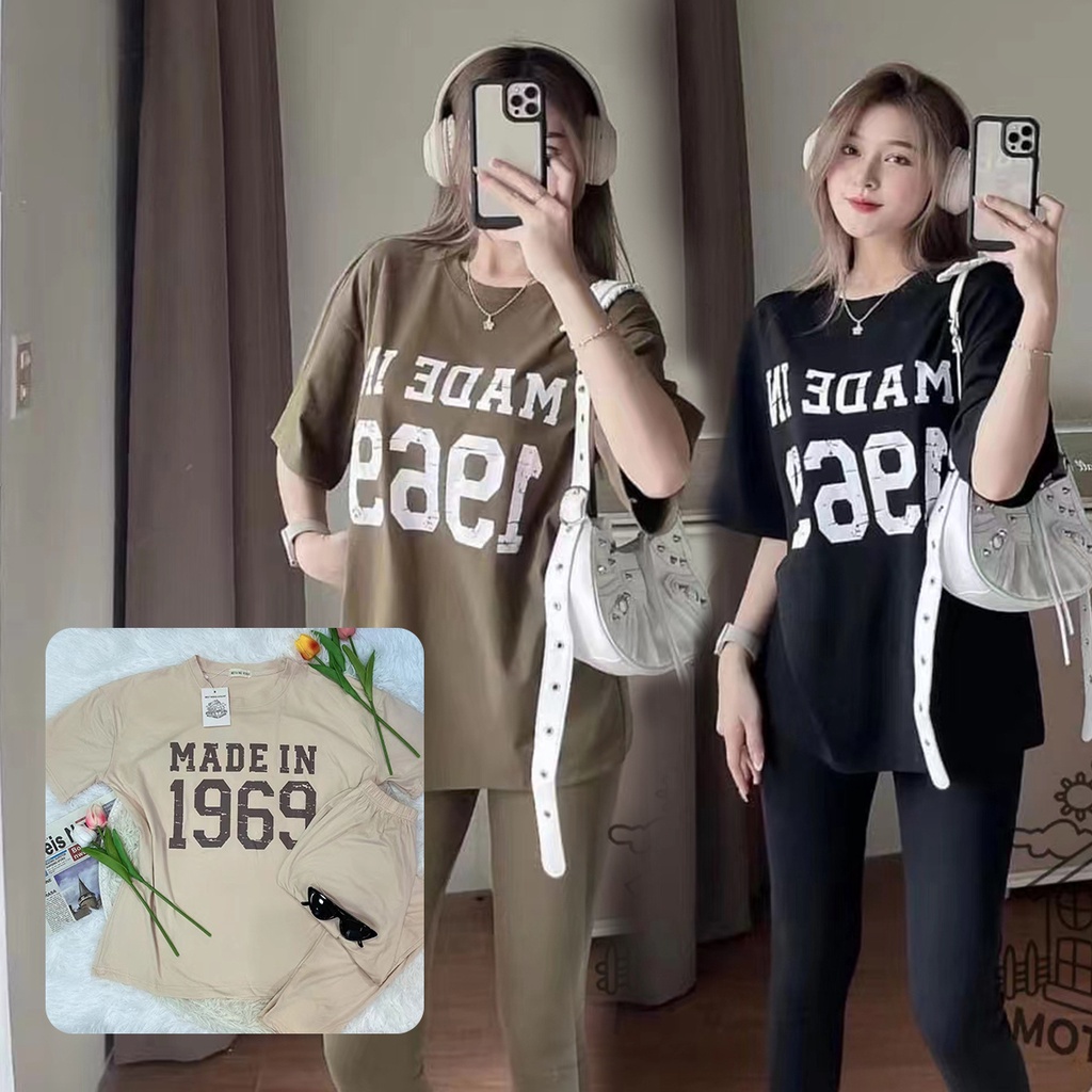 เสื้อยืดสั้นหลวมเเละกางเกงขายาวสองชิ้นสไตล์เรียบง่ายผู้หญิง