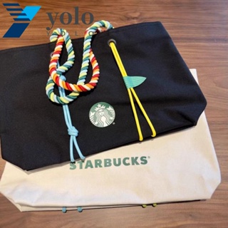 Yolo Starbucks กระเป๋าสะพายไหล่ กระเป๋าถือ ผ้าแคนวาส ขนาดใหญ่ จุของได้เยอะ ลายตัวอักษร สไตล์เกาหลี เหมาะกับการพกพาเดินทาง