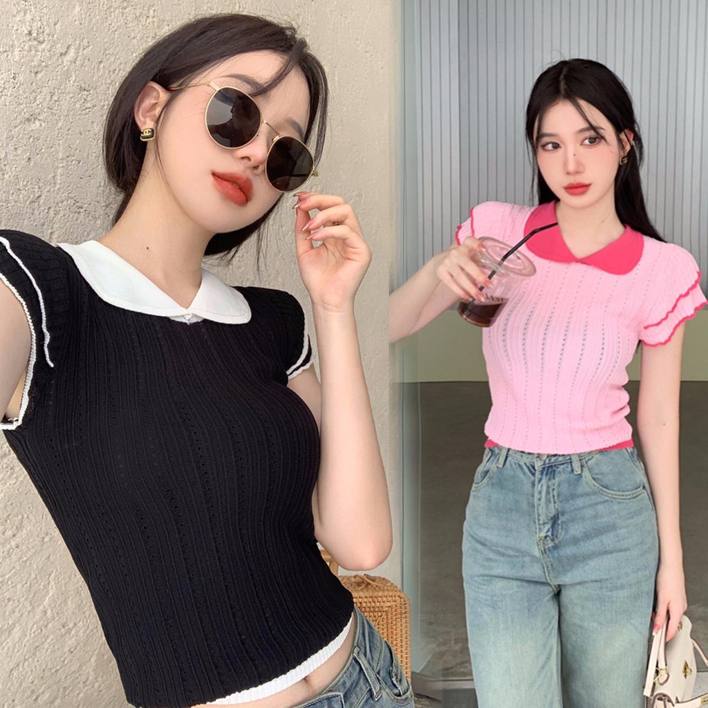 KOKO X018 เสื้อครอปเสื้อถักแขนสั้นผู้หญิง เสื้อคอปกสไตล์ตุ้กตาสีพื้น เย็บสีตัดกัน ทรงน่ารักๆ ผ้นิ่มใส่สบาย