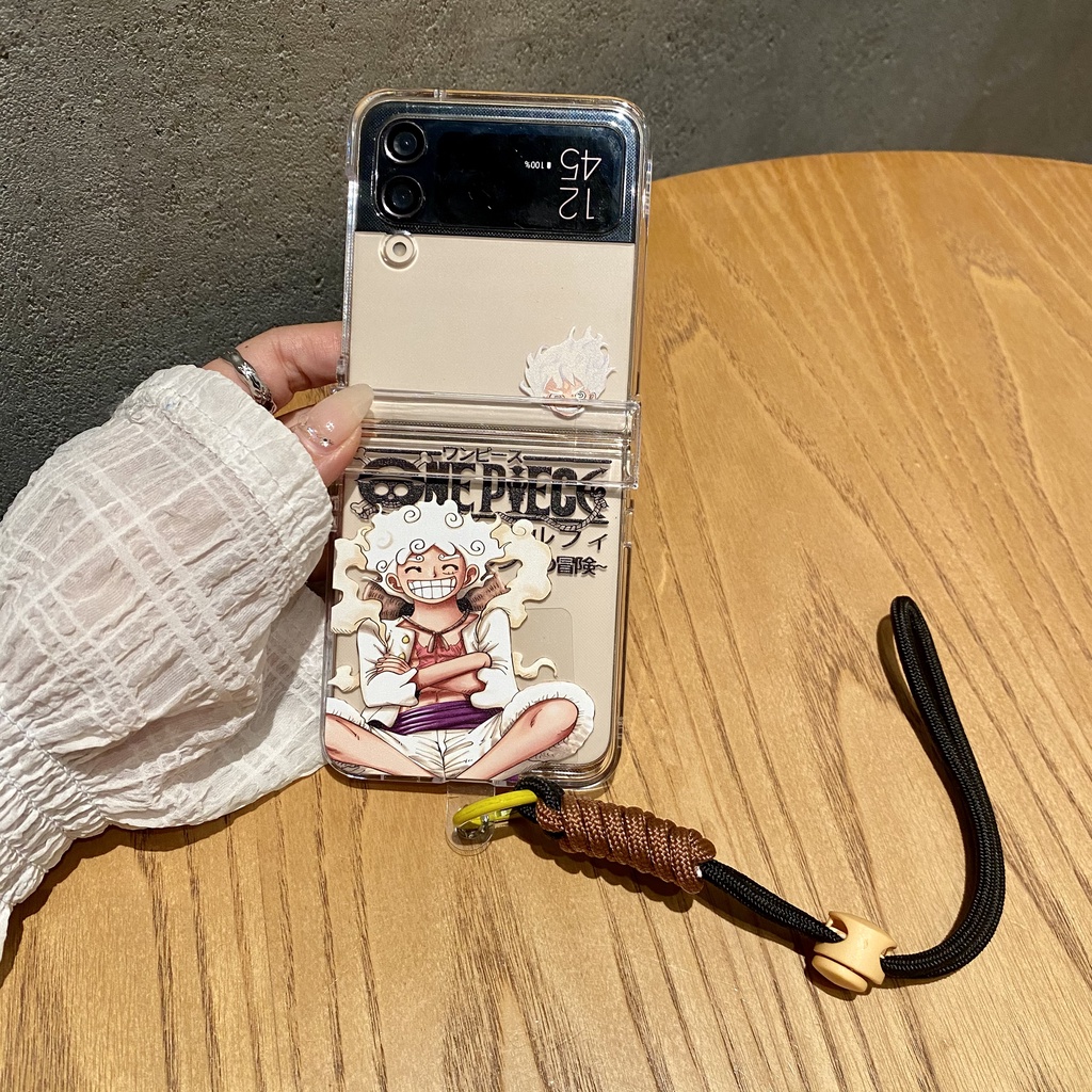 One Piece Luffy สายคล้องมือเชือกป้องกัน Hard อะคริลิคกันกระแทกเคสโทรศัพท์สําหรับ Samsung Galaxy Z Flip 6 5 4 3 พับ 5 6 ปกหลัง