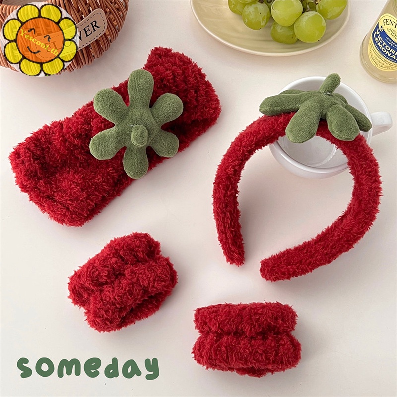 Yescont ที่คาดผม ผ้าฟลีซ ลายใบสตรอเบอร์รี่น่ารัก แฟชั่นเกาหลี เครื่องประดับผม สําหรับเด็กผู้หญิง