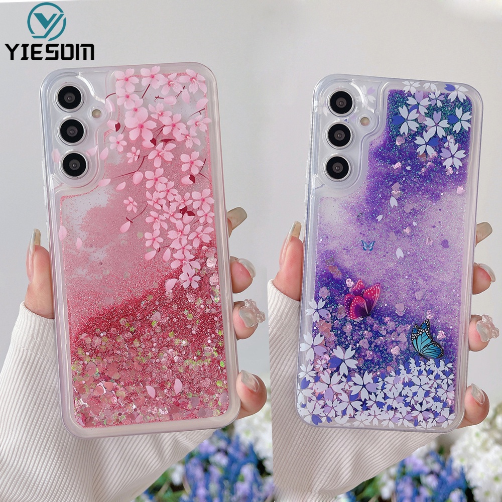 Liquid Quicksand Glitter เคสโทรศัพท ์ สําหรับ Samsung Galaxy A14 A24 A34 A54 M33 5G A73 A53 A33 A23 A13 A72 A52 A52S A32 A22 A12 4G Dynamic Bling ผีเสื ้ อ Dandelion Clear Soft Cover