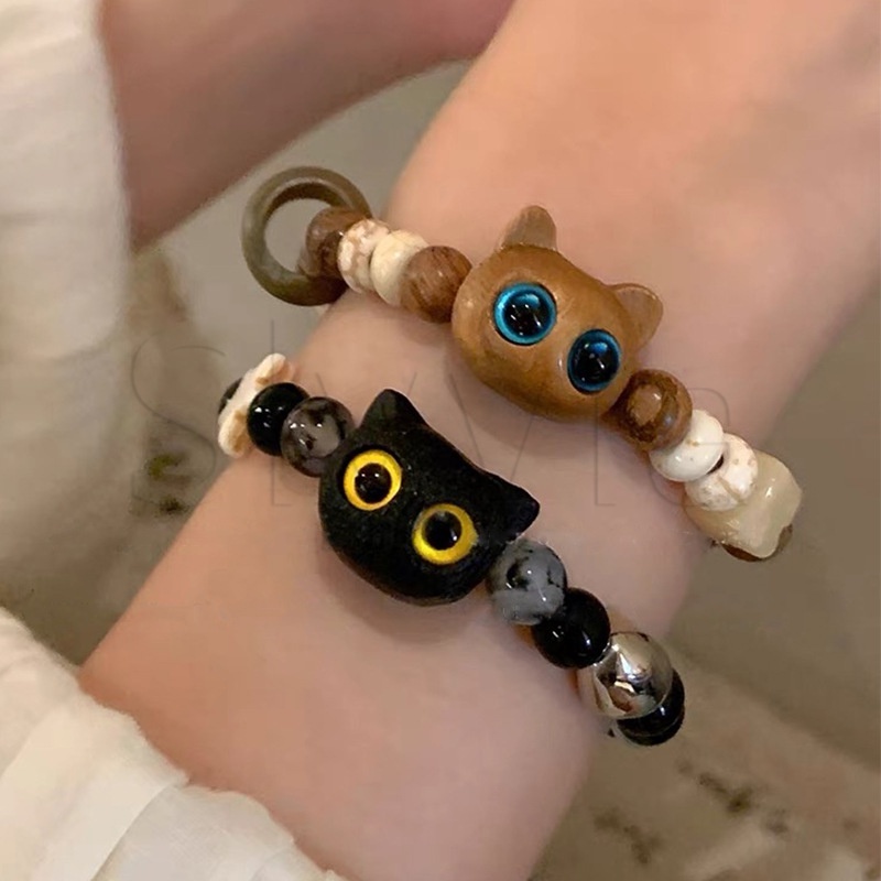 เครื่องประดับ สร้อยข้อมือ ประดับลูกปัดหินธรรมชาติ ลายการ์ตูนแมวน่ารัก สามารถปรับได้ เหมาะกับของขวัญวันวาเลนไทน์ สําหรับผู้หญิง