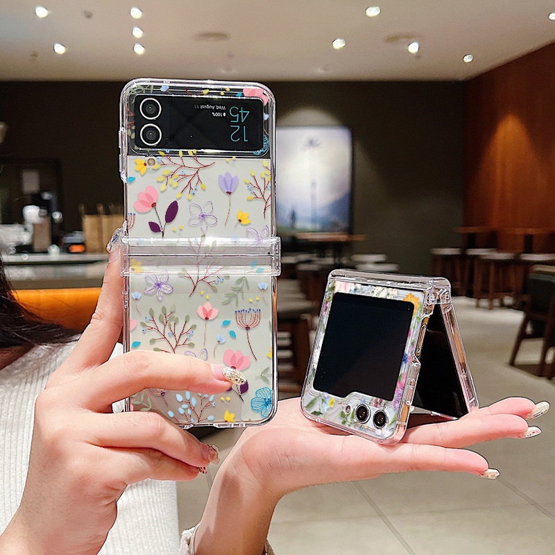 เคสโทรศัพท์มือถือแบบใส พับได้ ลายดอกไม้ สําหรับ Samsung Galaxy ZFlip3 ZFlip4 ZFlip5