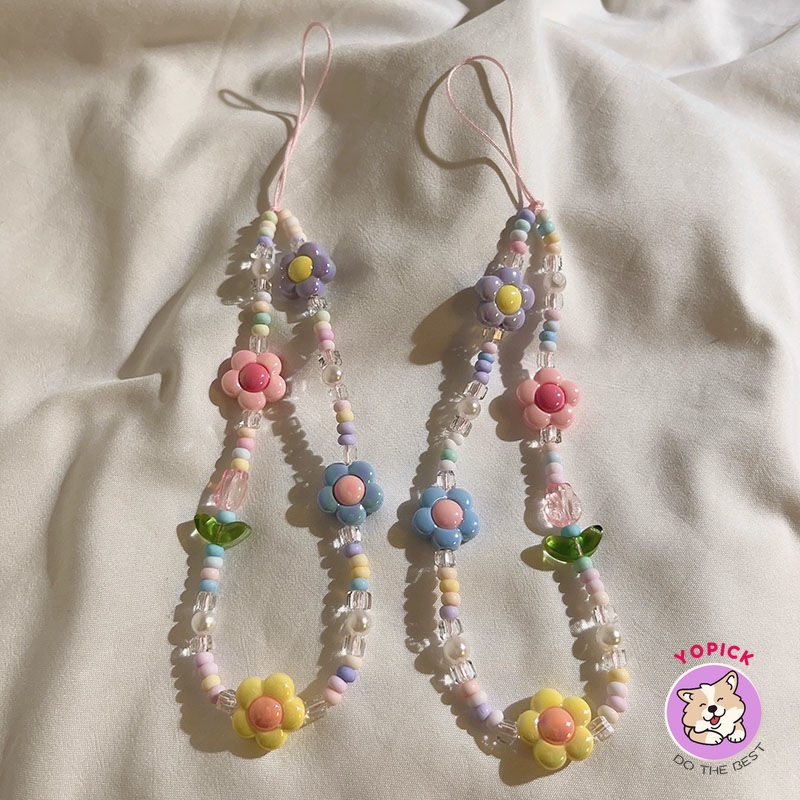 ขนาดเล็กสดดอกไม้ไม่สม่ําเสมอลูกปัด String Chain เคสโทรศัพท์ Universal Lanyard จี้ข้อมือเชือกโซ่หญิงพวงกุญแจ al