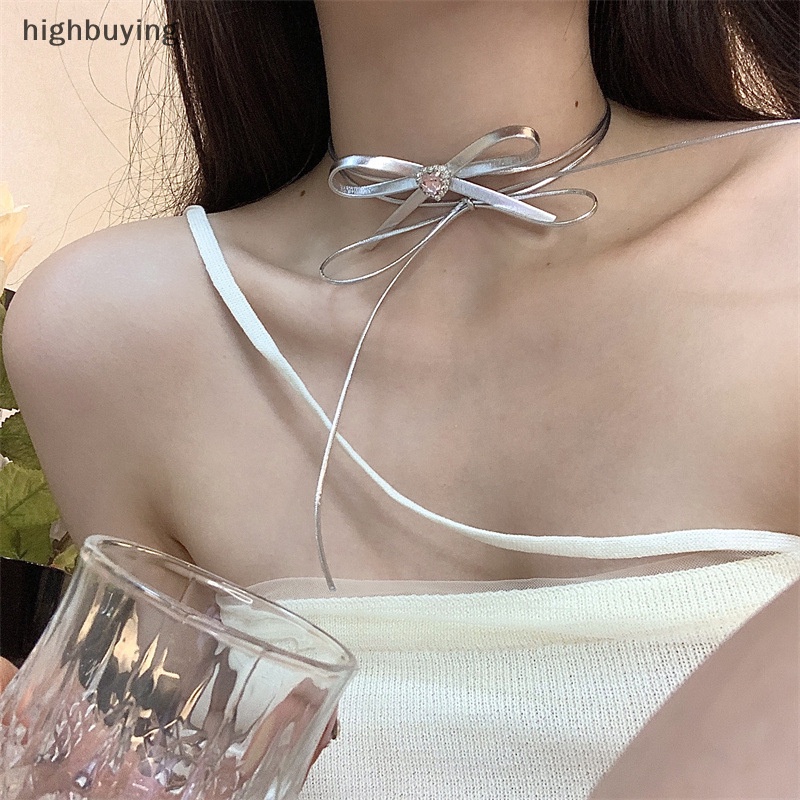 [highbuying] Y2k สร้อยคอหนัง ประดับโบว์ เพทาย สีชมพู เครื่องประดับแฟชั่น สําหรับผู้หญิง พร้อมส่ง
