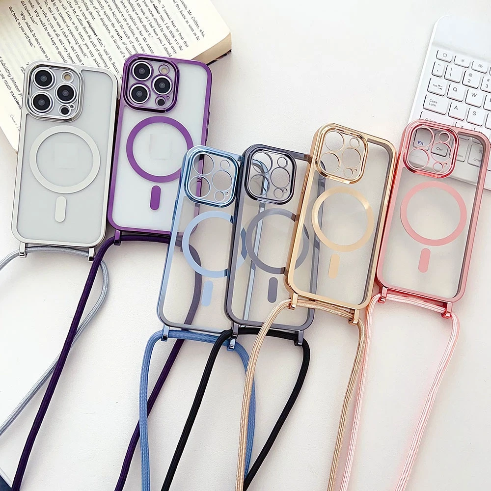 แม่เหล็กโปร่งใสไร้สายชาร์จ Lanyard สําหรับ iPhone 17 16 15 Plus 14 13 12 Pro Max 11 17Air กรณีนุ่มกันกระแทก Crossbody สร้อยคอเชือกฝาครอบ