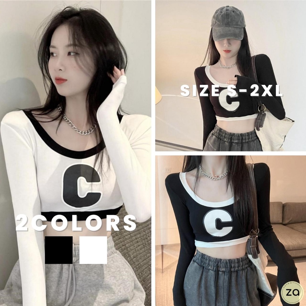 HOT SALE เสื้อครอปแขนยาวแต่งกุ้นขอบ สกรีนลายตัว C 2 สี