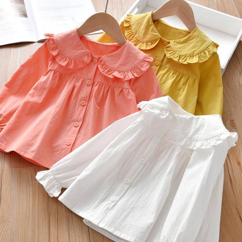 เสื้อเชิ้ตแขนยาว คอตุ๊กตา ผ้าฝ้าย สีพื้น แฟชั่นสําหรับเด็กผู้หญิง