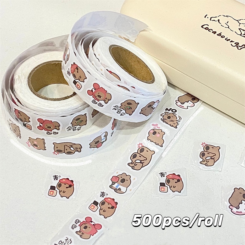 500ชิ้น/ม้วน คาปิบาระ การ์ตูนน่ารักแสดงออกสติกเกอร์ไดอารี่วารสารวัสดุตกแต่งปิดผนึกสติกเกอร์เทปนักเรียน