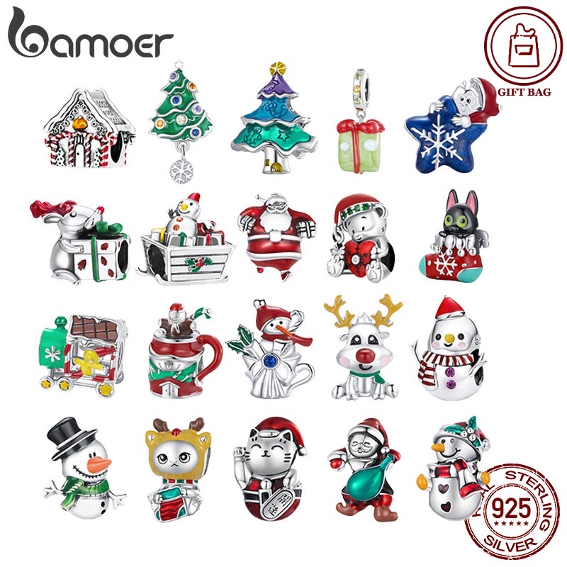 Bamoer ลูกปัดเงิน 925 ลายต้นคริสต์มาส สโนว์แมน กวางเอลก์ สําหรับทําสร้อยคอ สร้อยข้อมือ DIY