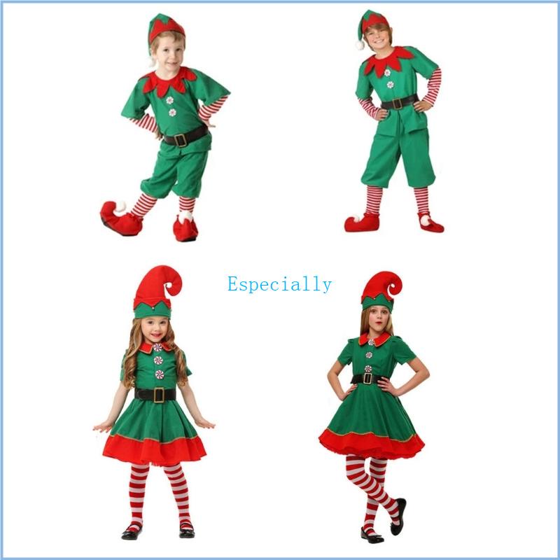 Esp สีเขียว เอลฟ์ คอสเพลย์ เด็กผู้หญิง เด็กผู้ชาย ครอบครัว ปาร์ตี้ปีใหม่ ชุดแฟนซี เสื้อผ้าเด็ก