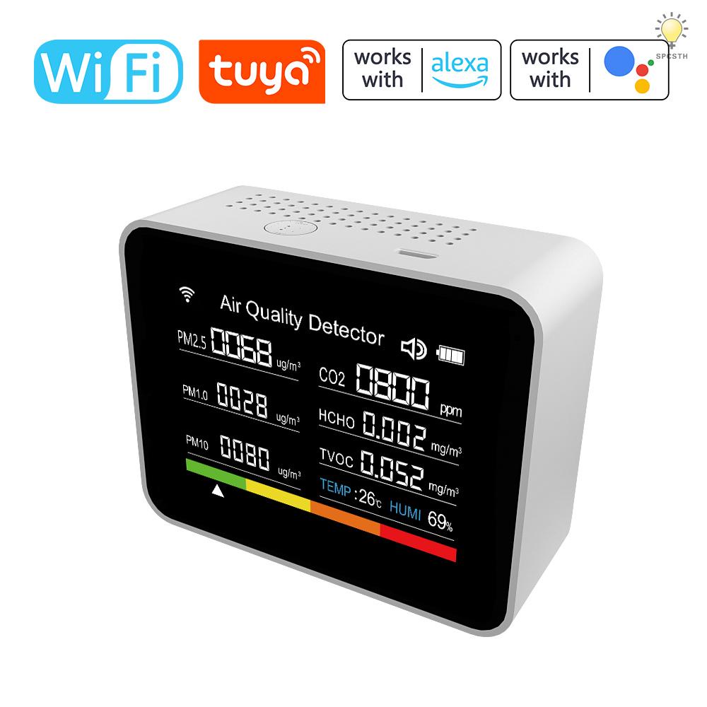Cot 13 in 1 Tuya WIFI เครื่องตรวจจับคุณภาพอากาศอัจฉริยะ CO2 CO2 TVOC HCHO PM2.5 PM1.0 PM10 อุณหภูมิ ความชื้น เวลา วันที่ ปลุก จับเวลา นาฬิกาจับเวลา รองรับแอพระยะไกล
