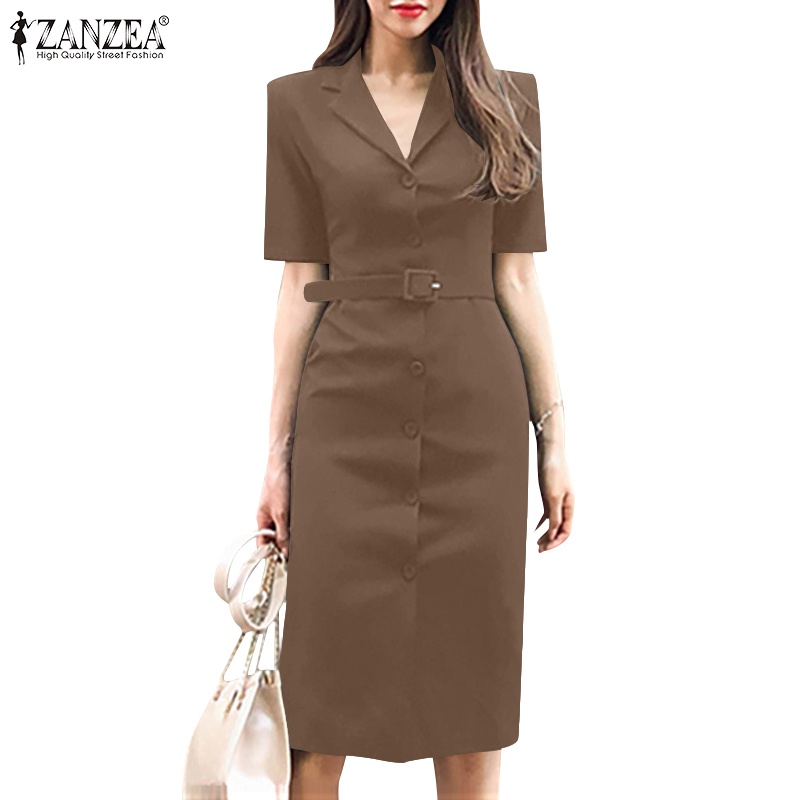 Zanzea ชุดเดรส แขนสั้น คอปาด ลําลอง แฟชั่นสไตล์เกาหลี สําหรับผู้หญิง