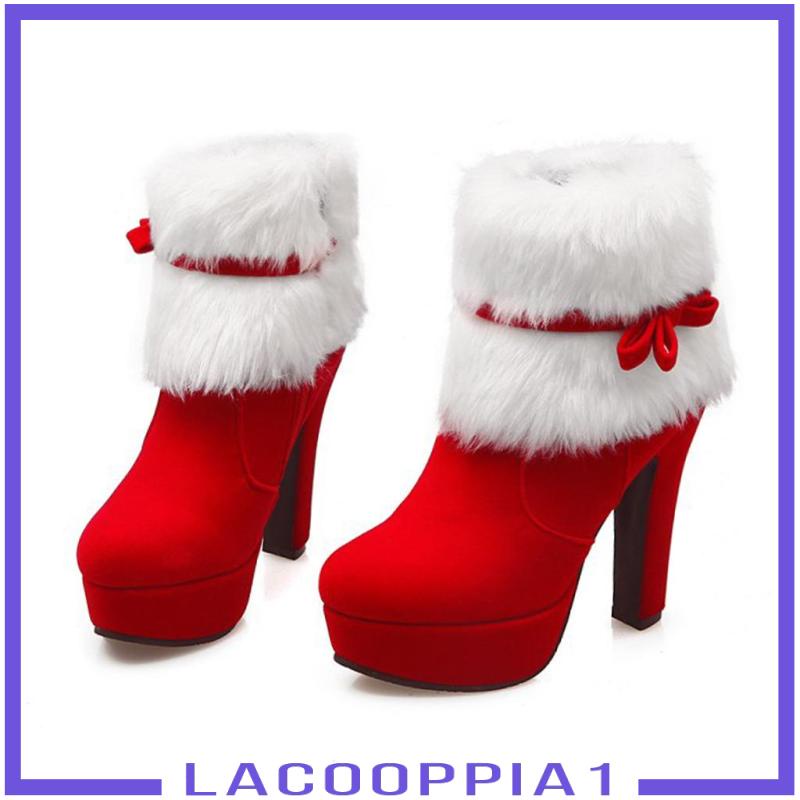 [Lacooppia1] รองเท้าบูทข้อสั้น หนังกลับ สีแดง สําหรับผู้หญิง ใส่ไปปาร์ตี้คริสต์มาส