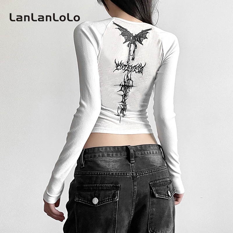 Lanlanlolo เสื้อลําลอง แขนยาว คอกลม พิมพ์ลาย สีตัดกัน แฟชั่นสําหรับสตรี 2024