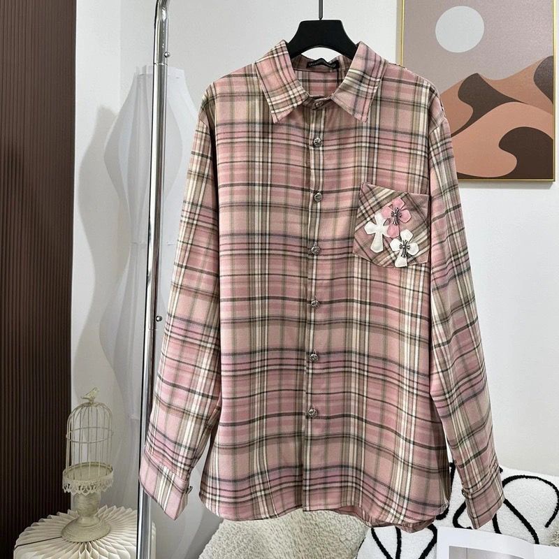 Wtm7 Chrome Hearts Cross Cuff Cross Veneer Pink Plaid Shirt Male and Female Trendy Brand Couple Shirt Coat