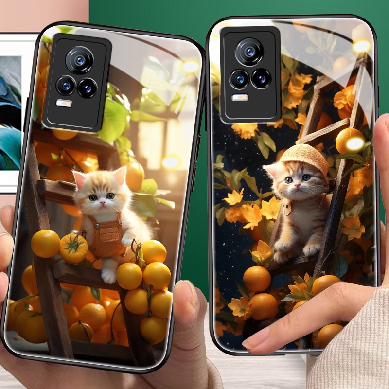 Dmy เคสกระจกนิรภัย ลายแมว สําหรับ vivo y33s y51 y36 y21a y50 y22 y67 y30i y27 y33t y22s y72 y55 y53 y66 y35 y31 y33 y30 y21s y73 y21t y52 4g 5g