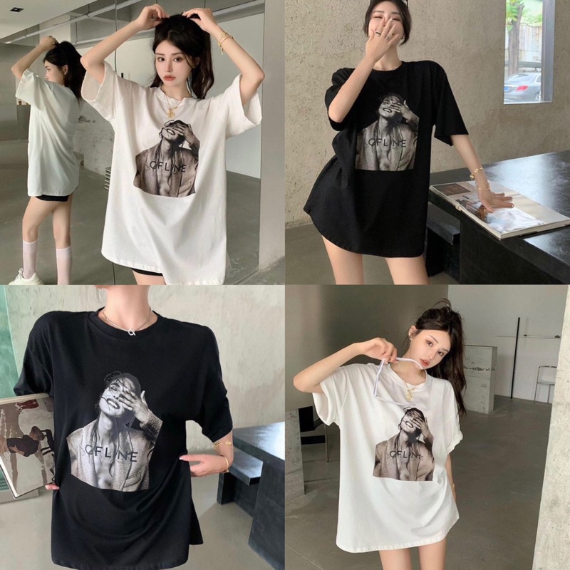 พร้อมส่ง  STF_SHOP เสื้อยืดOversize  คอกลม สกรีนหน้าลายผู้หญิง อก 44-46 ยาว 29_03