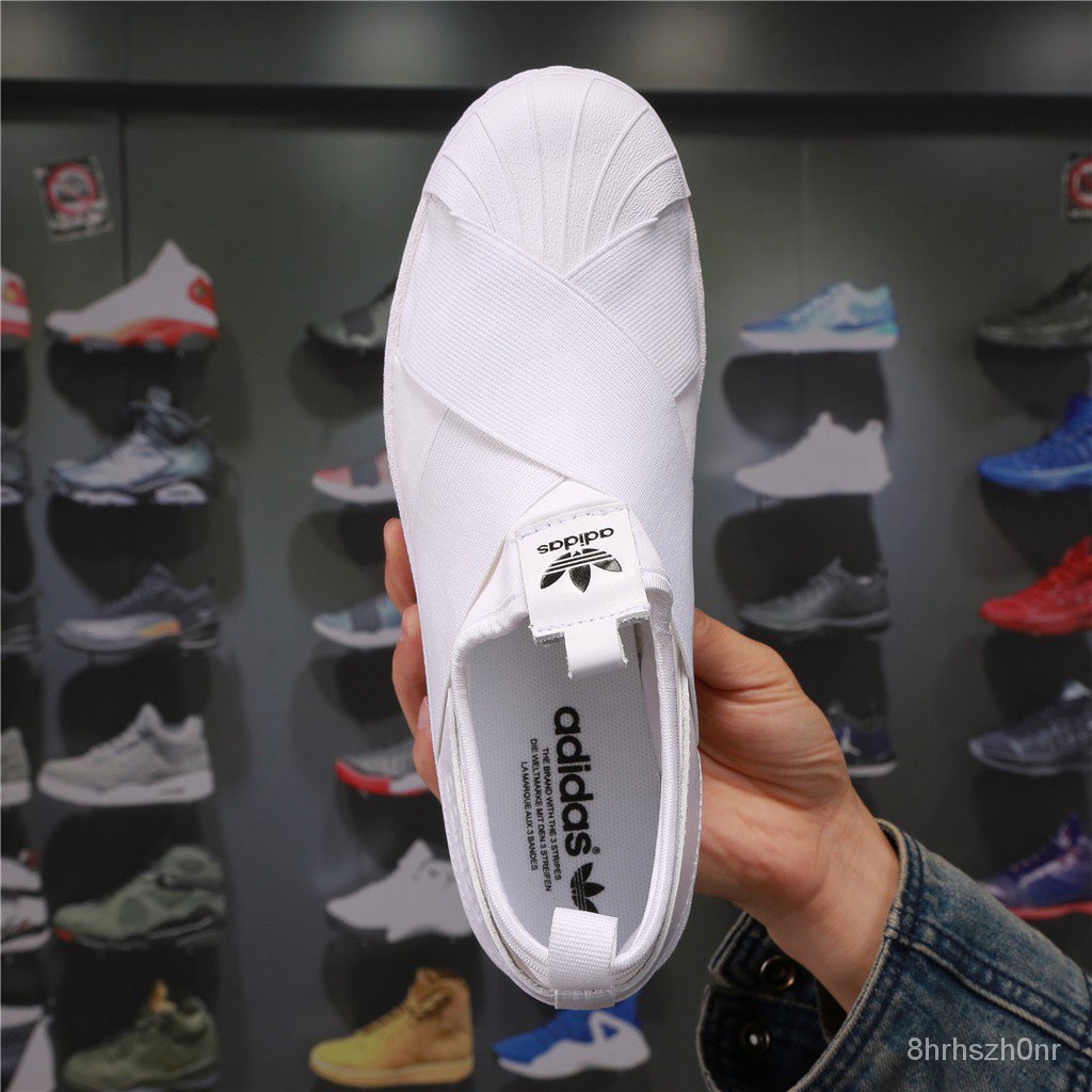 【 ins 】ในสต็อก Adidas Originals Superstar Slip On All White มีผ้าใบสำหรับผู้ชายและผู้หญิง รองเท้า f