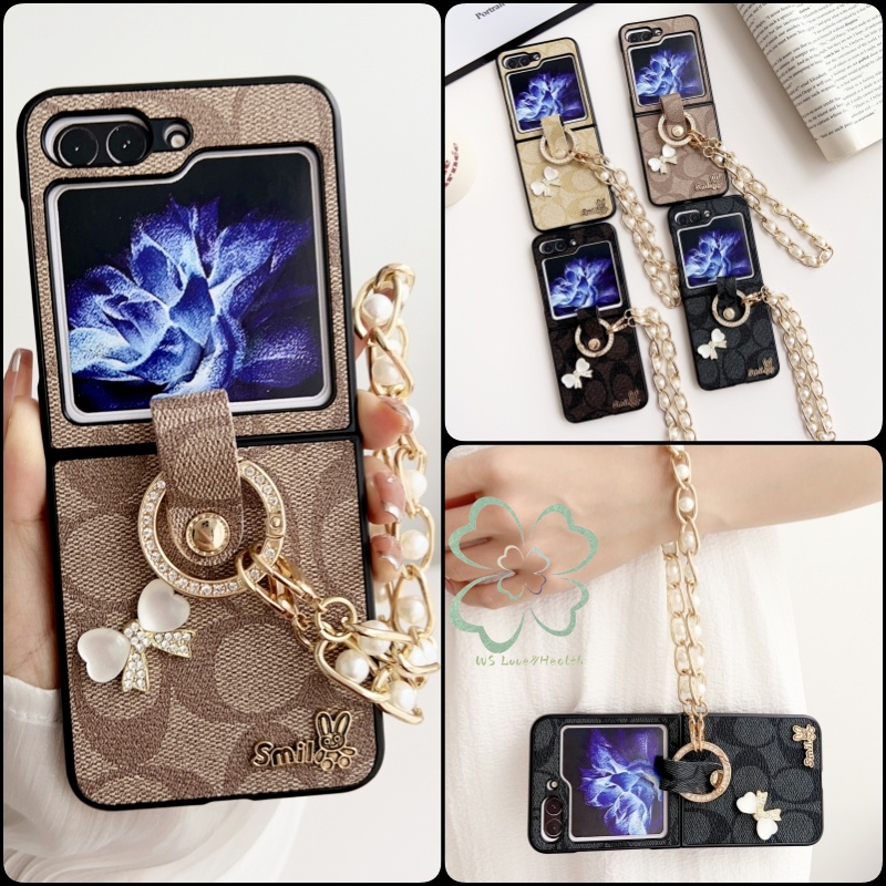 สร้อยข้อมือแฟชั่นซองหนังฝาครอบโทรศัพท์ Samsung Galaxy Z Flip 6 Z Flip 5 Z Flip 4 Z Flip 3 3D ที่วางแหวนผีเสื้อปลอกโซ่ข้อมือ Hard PC Shell