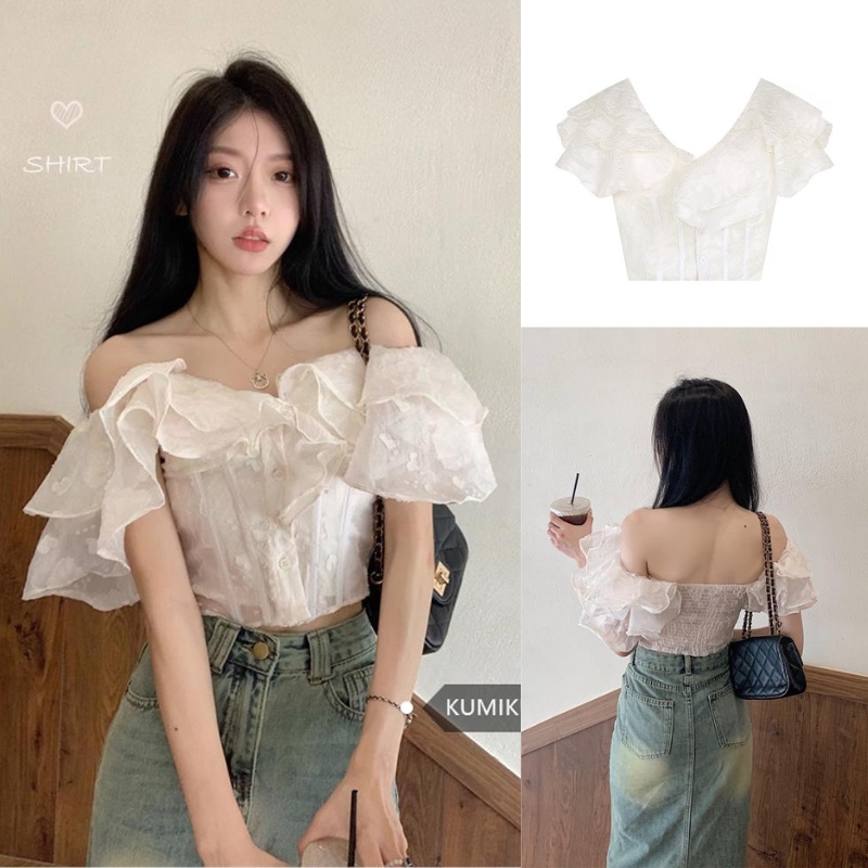 เสื้อครอปเปิดไหล่ข้างเดียว แต่งระบาย สีขาว สไตล์ฝรั่งเศส แฟชั่นฤดูร้อน สําหรับผู้หญิง